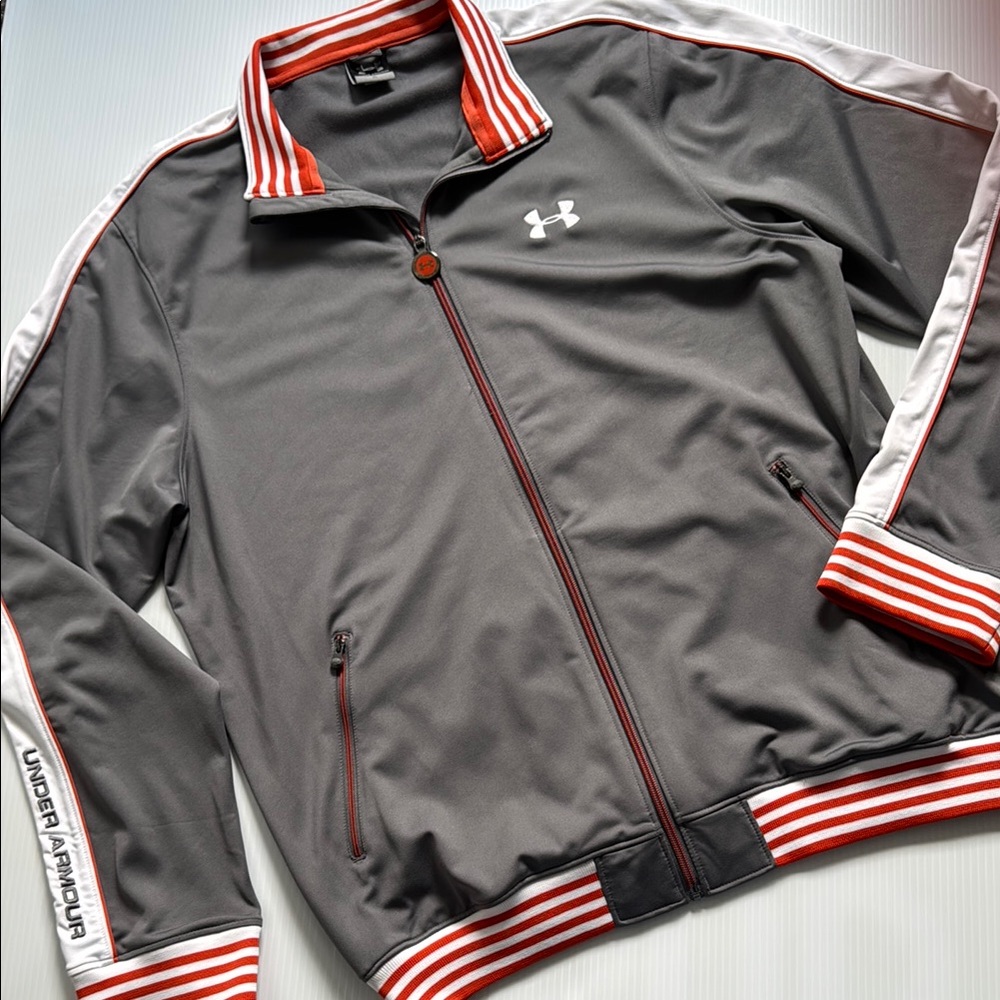 Under Armour Men's Gray, orange & white full zip Track Jacket.  Size XL